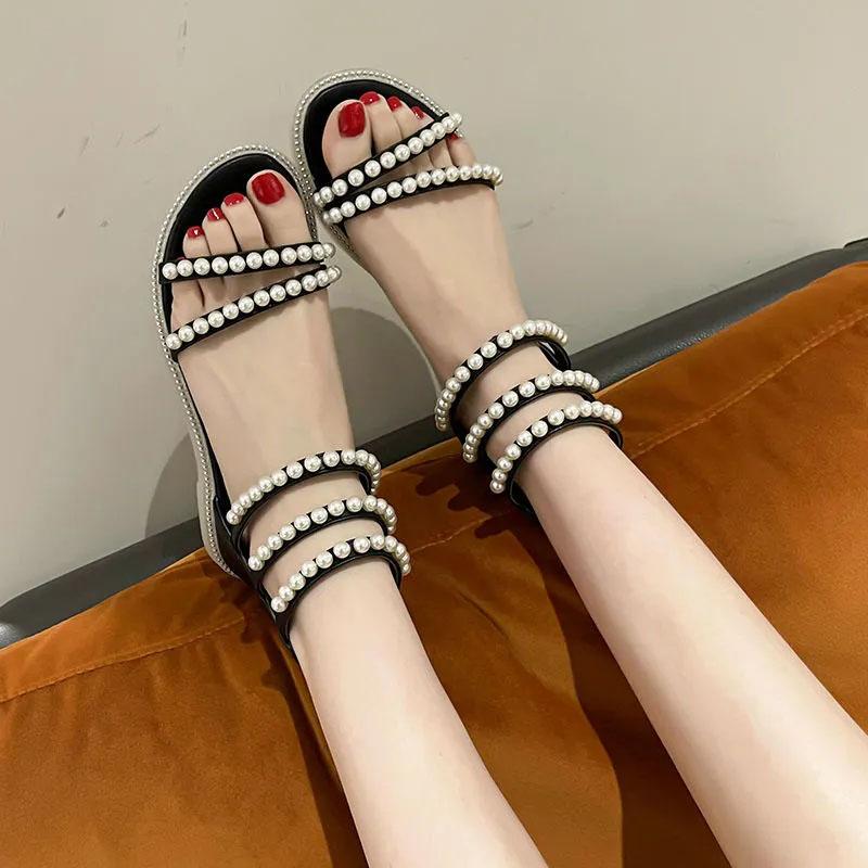 Summer Exquisite Vintage Pearl Sandals Korean Casual All Match Roman Sandals Flat Non-slip Beach Shoes