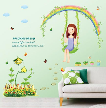 romantic rainbow under the swing and girl green plants grass summer spriing wall sticker