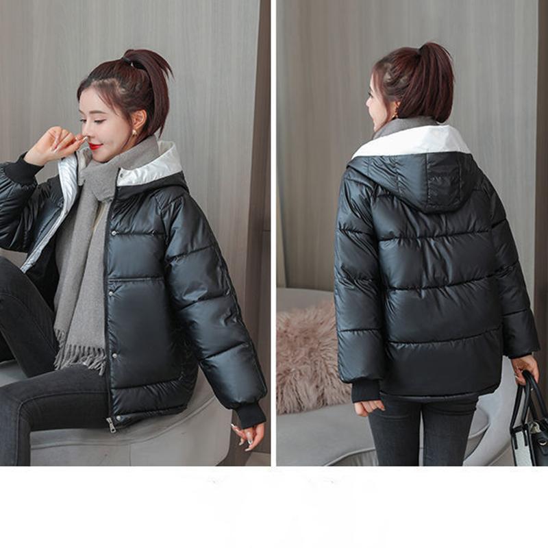 Women's Bright Short Down Jacket Winter Korean Loose Quilted Jacket Casual Stand-up Collar Hooded Down Jacket Quilted Jacket