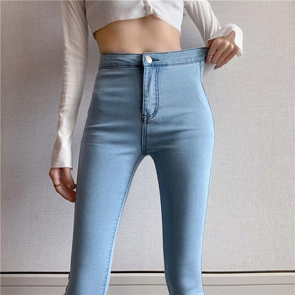 Straight-leg Jeans Women's High Waist Tight Elastic Bag Hip Ninth Trousers Slim Fit All-match Thin and High Pencil Pants Trend