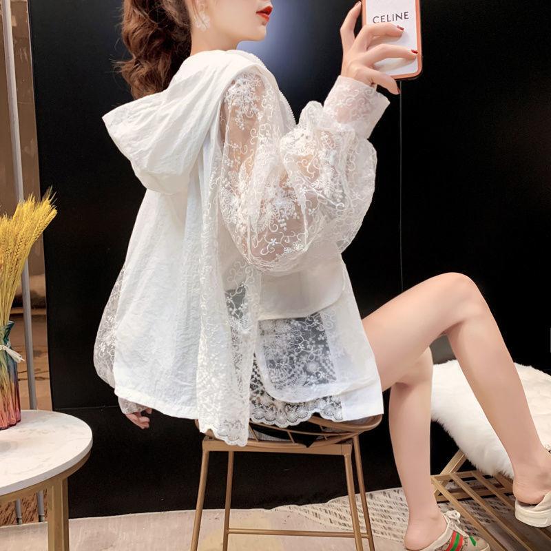 Lace Embroidered Sunscreen Ladies Summer Mesh Splicing Thin Hooded Short Cardigan Top