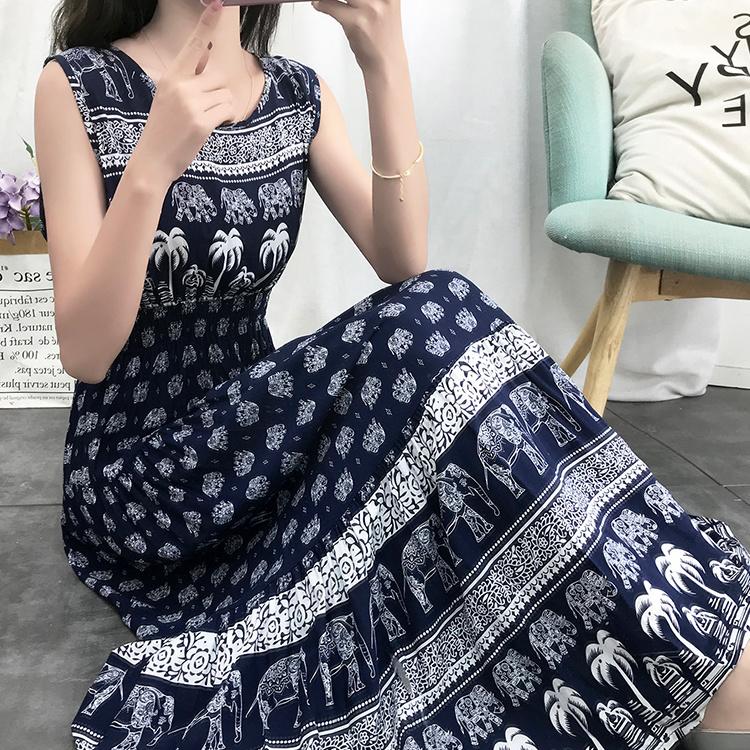 Bohemia Summer Ethnic Print Dress Round Neck  Sleeveless Loose High Waist Cotton Silk Vest Beach Skirt