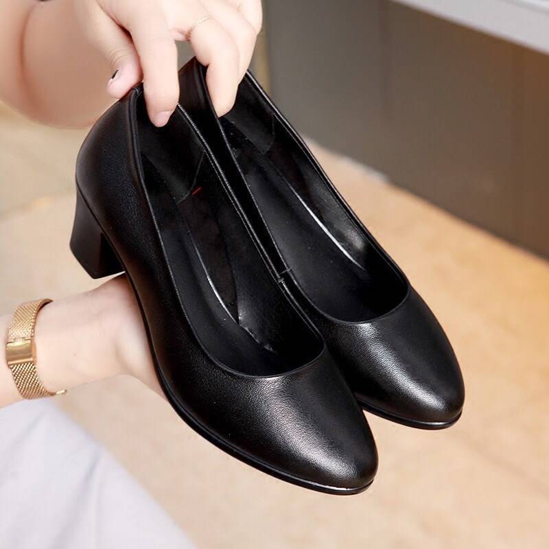 Work Shoes Black Professional Women's Single Shoes Low-heeled Leather Shoes Mid-heeled Tooling Formal Dress Low-heeled Shoes