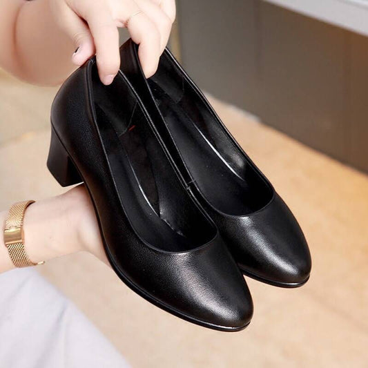 Work Shoes Black Professional Women's Single Shoes Low-heeled Leather Shoes Mid-heeled Tooling Formal Dress Low-heeled Shoes