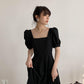 Women's Summer Simple French Retro Elegant Gentle Square Neck Bubble Sleeve Waist Long Solid Color Dress