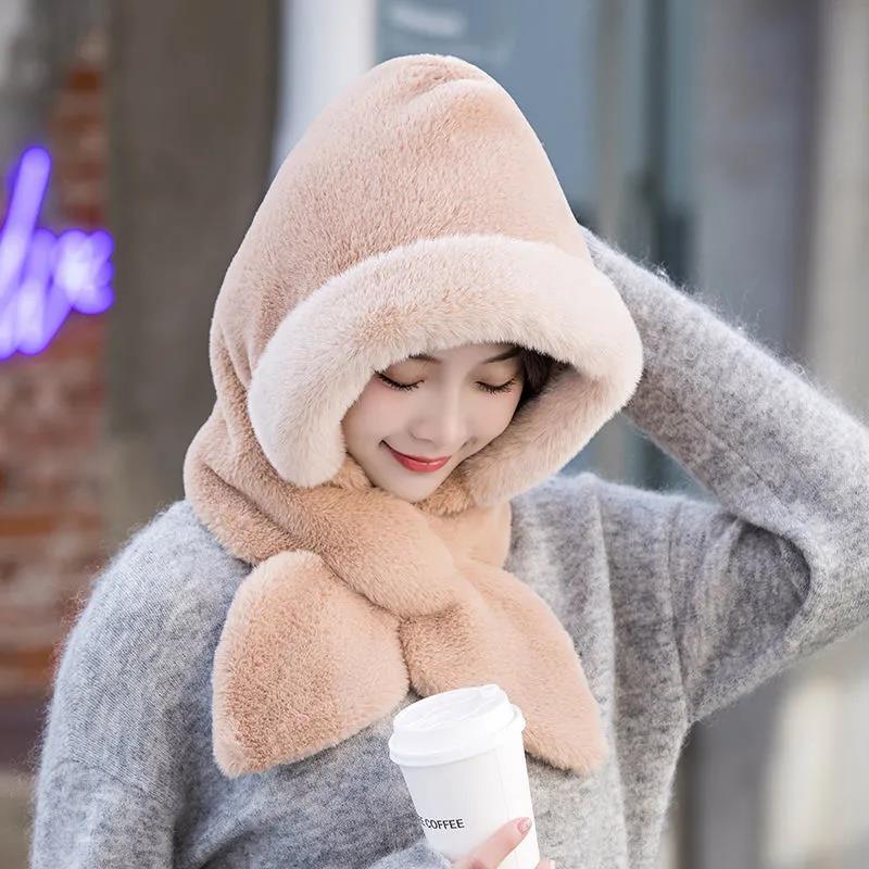 Women Plus Velvet Hat Rabbit Scarf Bow Set One Piece Fake Collar Winter Windproof Hooded Cold-proof Plush Padded Collar Warm Ear Protection Caps