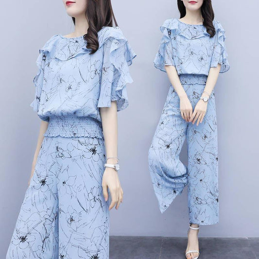 Suit Women Summer Two-piece Trousers Loose Floral Blouse Wide-leg Pants Casual Suit Temperament Elegant Sweet Cute Chiffon Suit