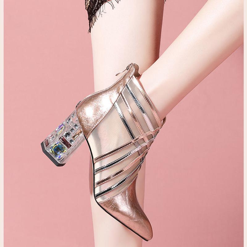Pointed Toe Net Boots High-heeled Rhinestone Toe Cap Sandals Female Summer Leather Soft Leather Thick-heeled Net Gauze Sandals