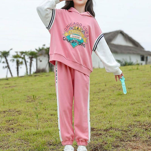 Girls' Suits Spring and Autumn Children's Loose and Casual Hooded Color-blocking Long-sleeved Tops Contrast Color Design Trousers Two-piece Set