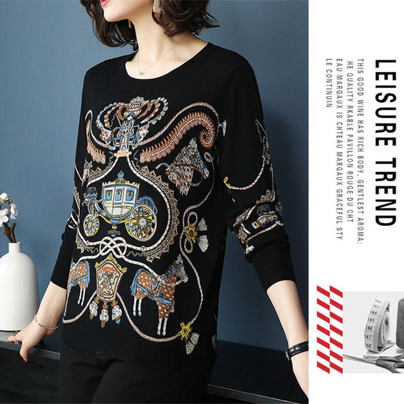 Women's Ethnic Style Printed Woolen Sweater Female High-end Cashmere Sweater O-Neck Outwear Pullover Sweater Plus Size Warm Jumper Top