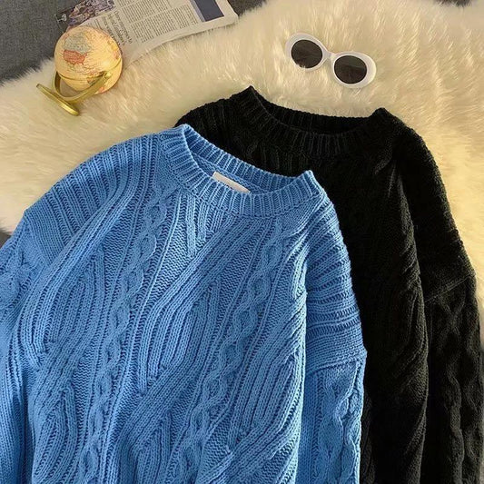 Sweater Men's Lazy Wind Pullover Round Neck Sweater Autumn and Winter Thickening Retro Japanese Outer Wear Hong Kong Style Knitted Bottoming Shirt