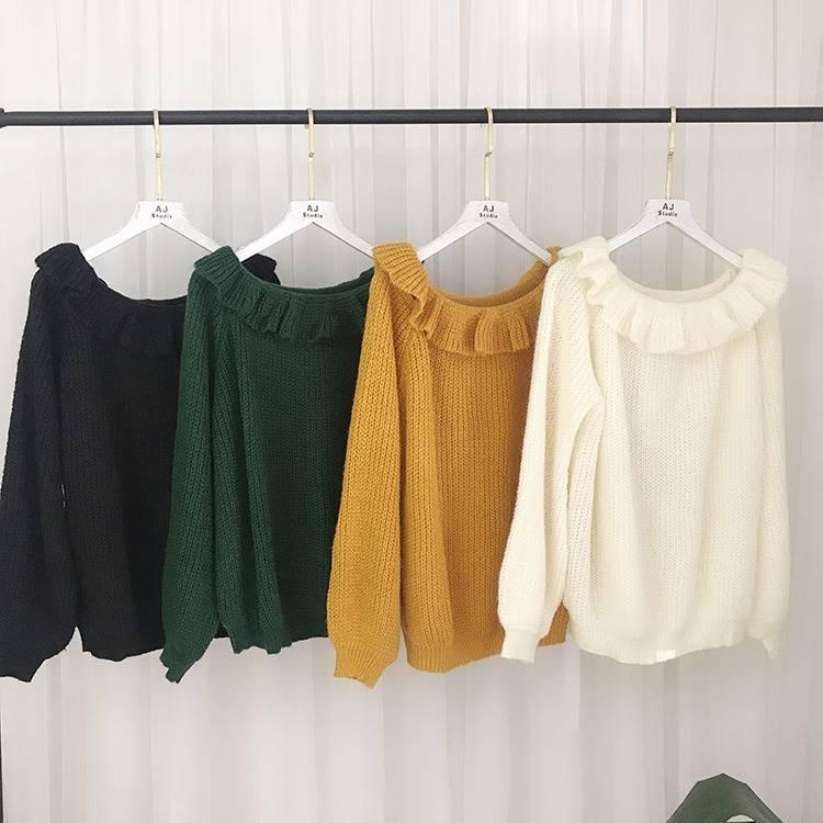 Women Strapless Sweater Ruffles Knitted Shirt Showing Your Sexy Clavicle Pullover Jumper