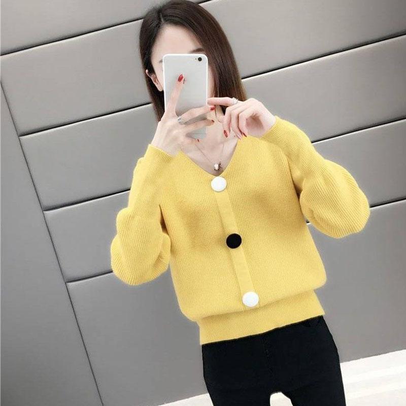 Spring and Autumn V-neck Low-neck Sweater Pullover with Short Bottoming Shirt Casual All-match Female Top