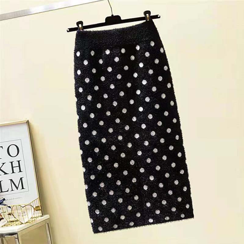 Women's Autumn and Winter Fashion Imitation Mink Velvet Bag Hip Skirt Large Size High Waist Knitted Skirt Mid-length Slim Printed Skirt
