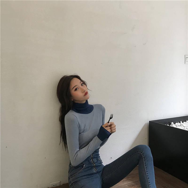 Pofulove  Version of The Turtleneck Contrast Color Long-sleeved with Knit Winter Sweater Student