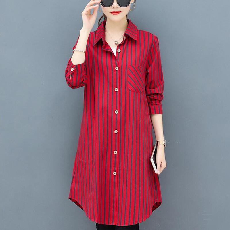 Women's Long-sleeved Striped Shirt Loose Casual Plus Size Mid-length Blouse