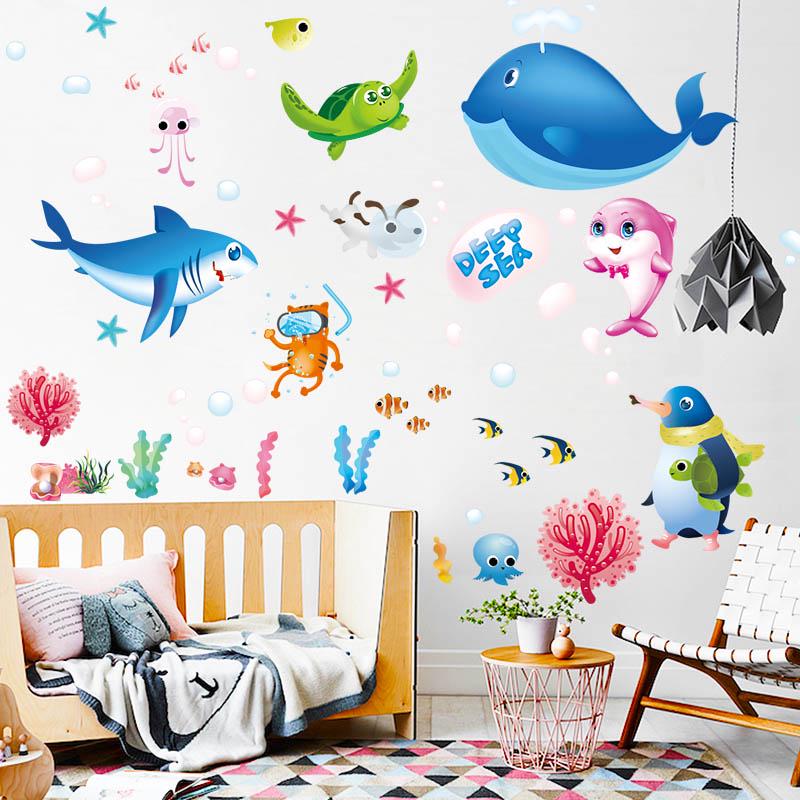 [Wall sticker] Cartoon ocean fish wall stickers for kids rooms bedroom nursery bathroom tile home de