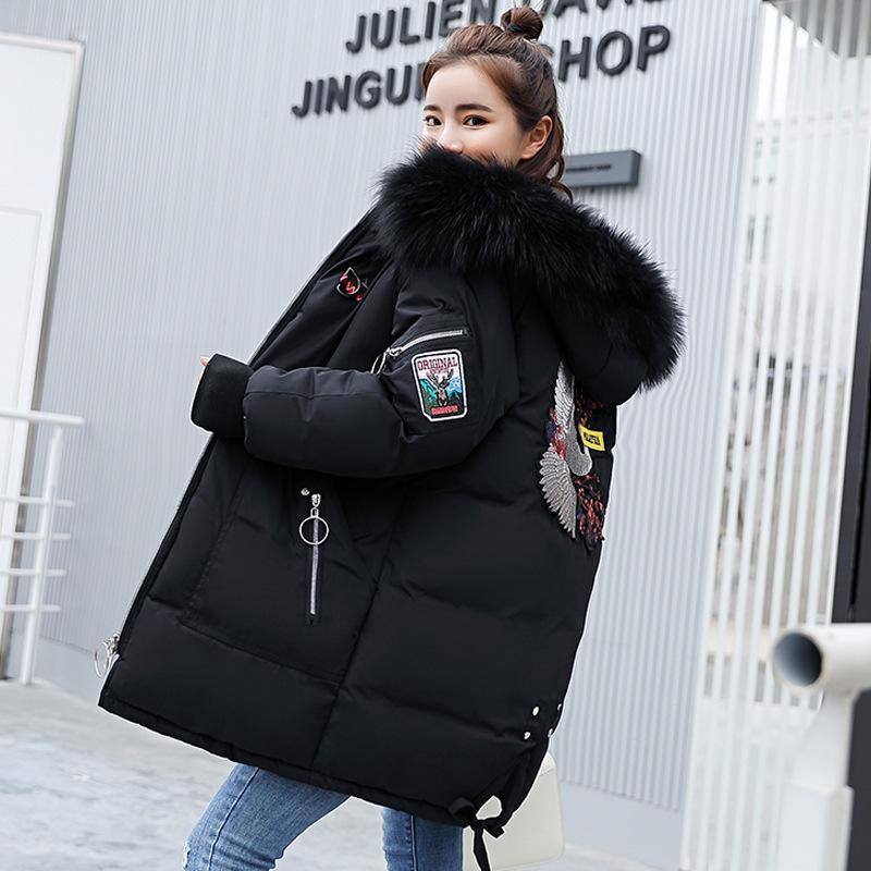 Women Parkas Winter Jacket Mid-length Thickening Coats Fur Collar Hooded Coat Cotton Jackets Loose Casual Outwear Embroidery Black White Clothes