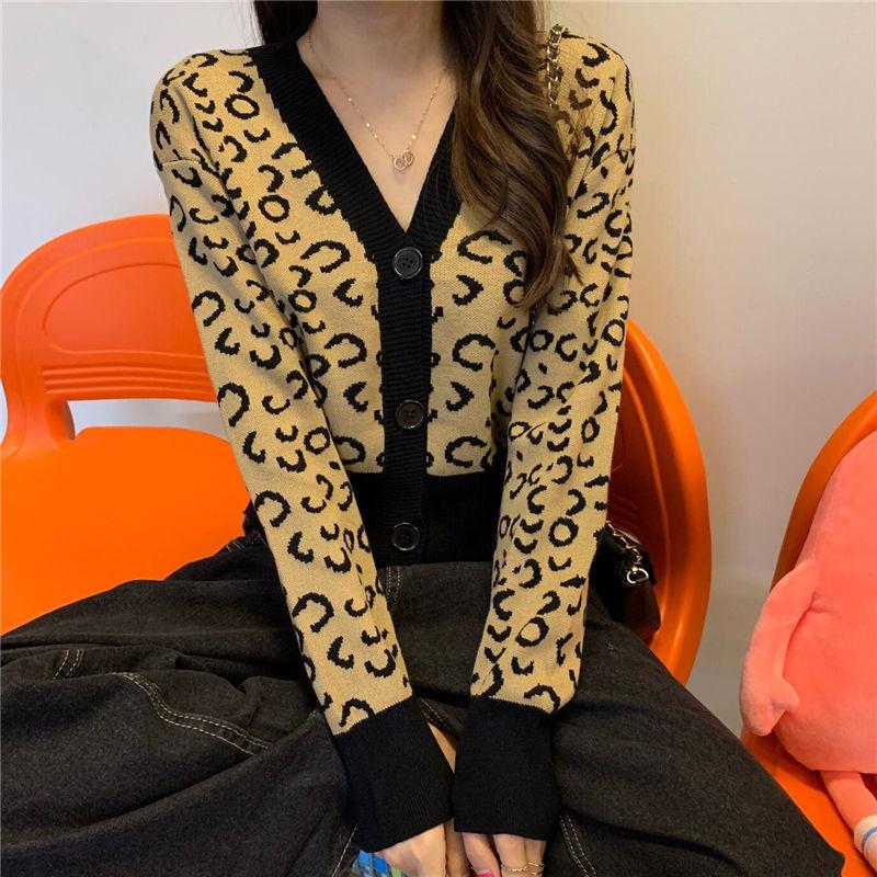 Spring Contrast Color V-neck Long-sleeved Short Leopard-print Knitted Cardigan Women's Outer Slim Sweater Coat