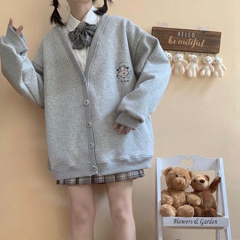 Autumn  Winter Button Cardigan Sweater Women Cute Embroidery Student Loose Coat Female College Style