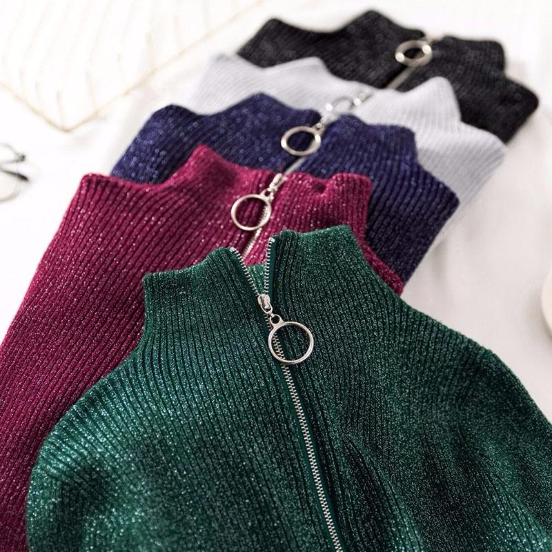 Women Shiny Lurex Turtleneck Zipper Sweater Knitted sweater Pullovers chic Jumper top Winter female