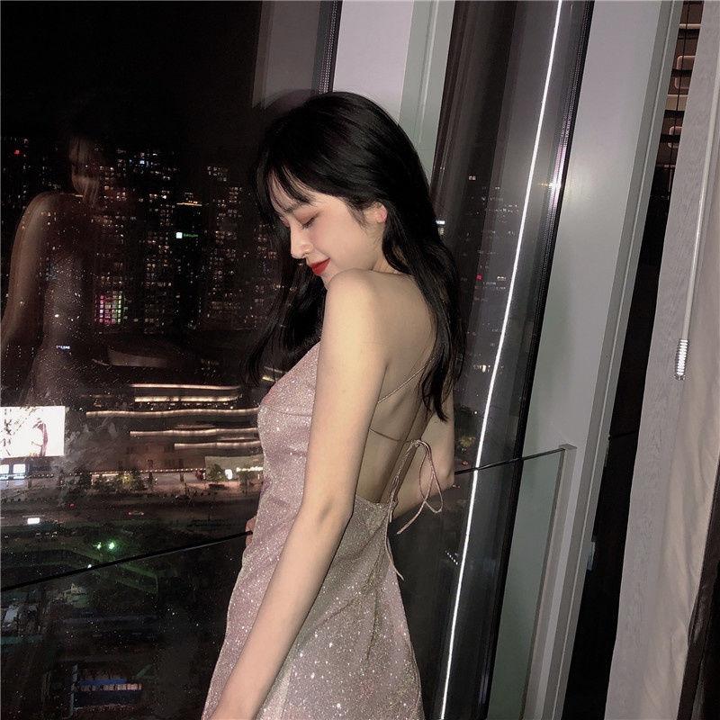 Female V-neck Open Back Sleeveless Glittering Irregular Ruffle Suspender Graceful Party Dress