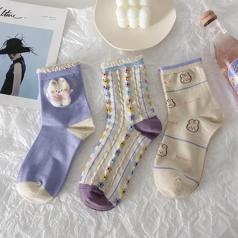 Three Pairs of Women's Socks Fashion Print Cartoon Pattern Socks Winter Thick Pile Pile Socks