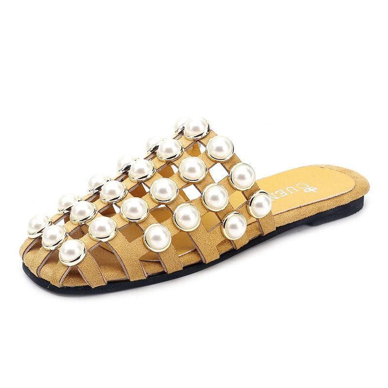 Women's Shoes Hollow Bright Beads All-match Casual Sandals with Low Heels Convenient and Not Hurting Feet Korean Pearls