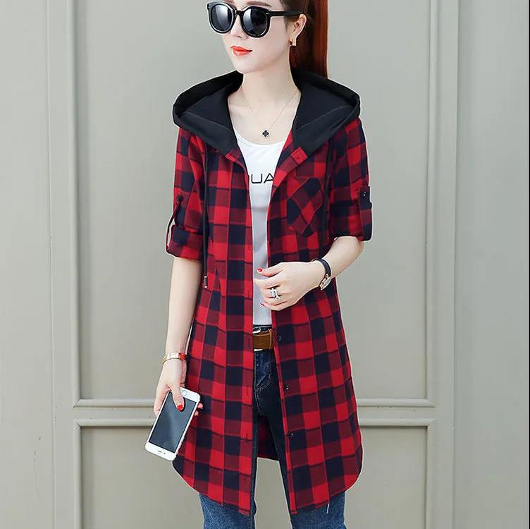 Boutique Plaid Jacket Women Hooded Windbreaker Trendy Slim Thin Coat Casual Comfort Top for Youth