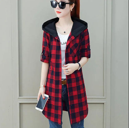 Boutique Plaid Jacket Women Hooded Windbreaker Trendy Slim Thin Coat Casual Comfort Top for Youth