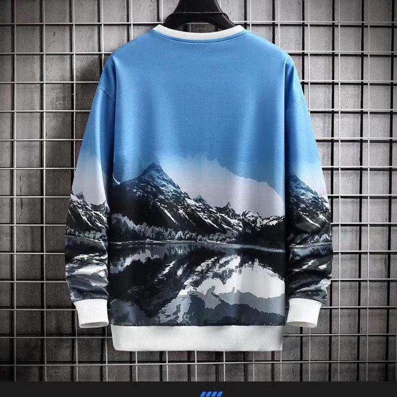Men's Spring and Autumn Sweater Print Colorblock Long Sleeve Round Neck Pullover Loose Casual Thin Men's Top