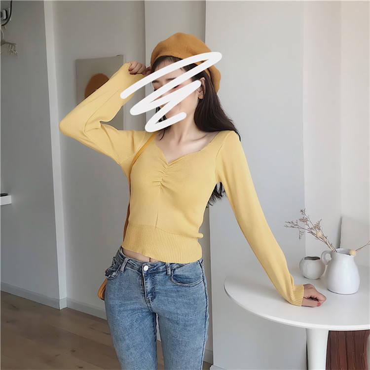 Sexy Low-neck Pullover Long Sleeve Short Sweater Women Open Navel  Slim Waist Knitwear