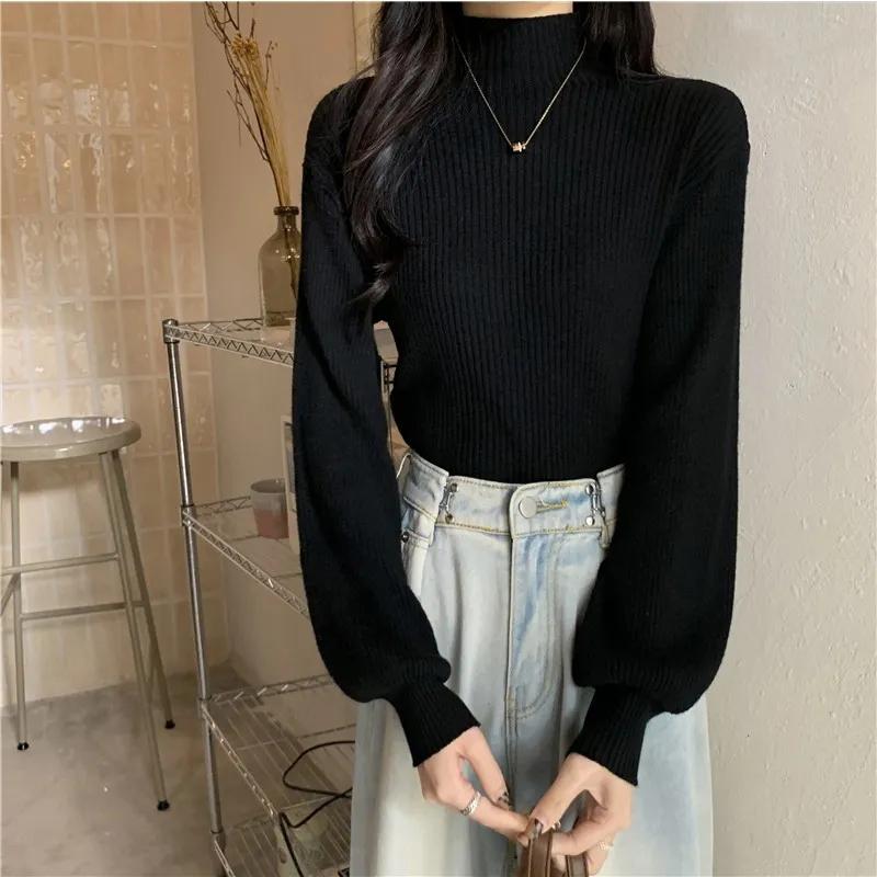Winter Sweater Women Turtleneck Lantern Sleeve Solid Pullover Sweaters White Black Fall Fashion Knitted Tops Girl Jumpers