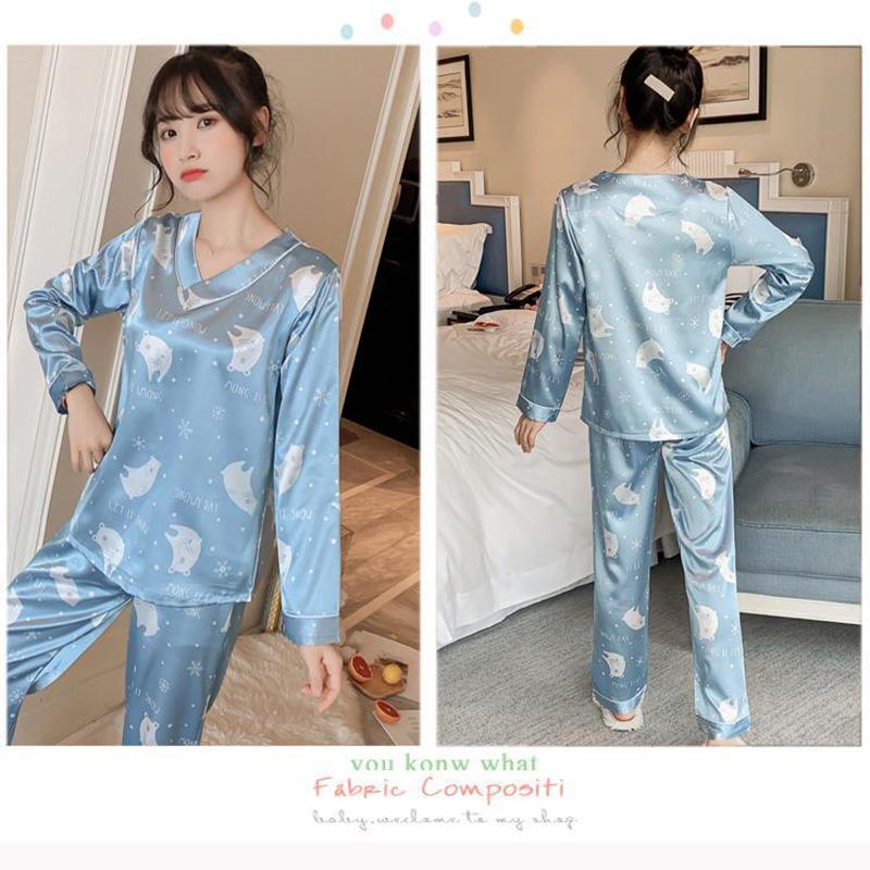 Ice Silk Pajamas Set V Neck  Long-sleeved Set for Womens Spring Autumn Thin Flower Cartoon Printed Outer Wear Home Clothes Two Pieces Set