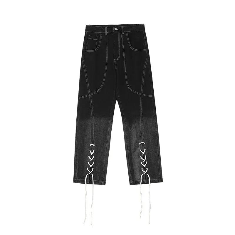 American High School Tide Cards Gradient Straps Jeans Female Spring Autumn Loose High Waist Wild Trousers Tide