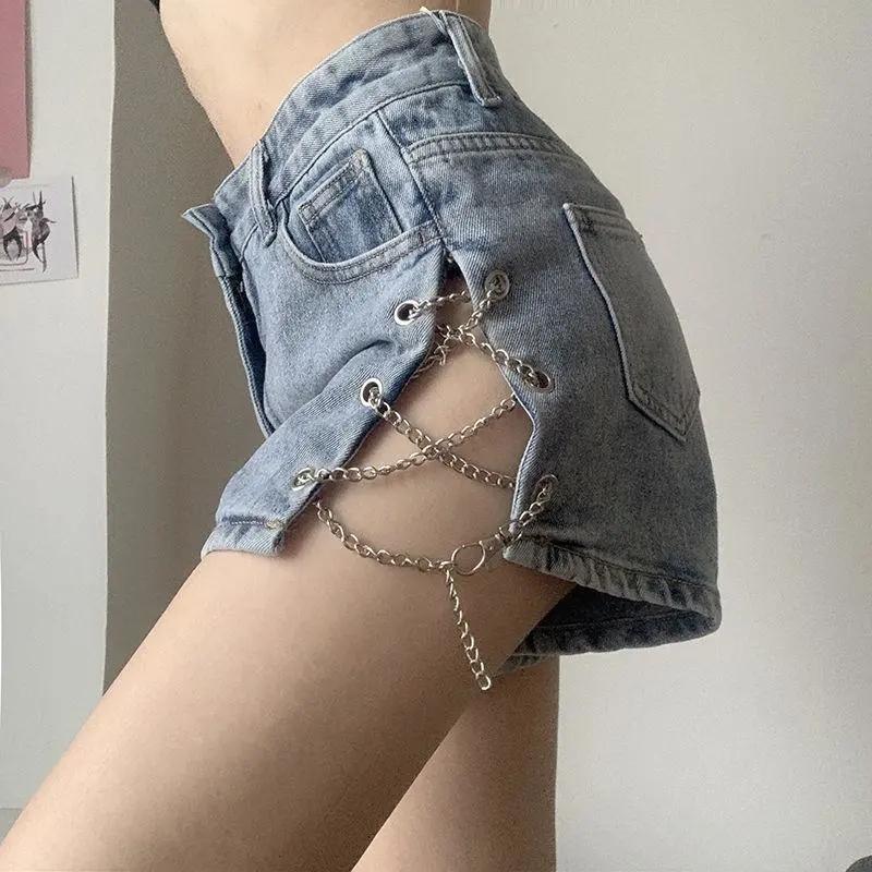 Metal Chain Denim Shorts Women's Summer Side Split High Waist Sexy Legs Long Pants Casual Home Personality Shorts Golf Shorts