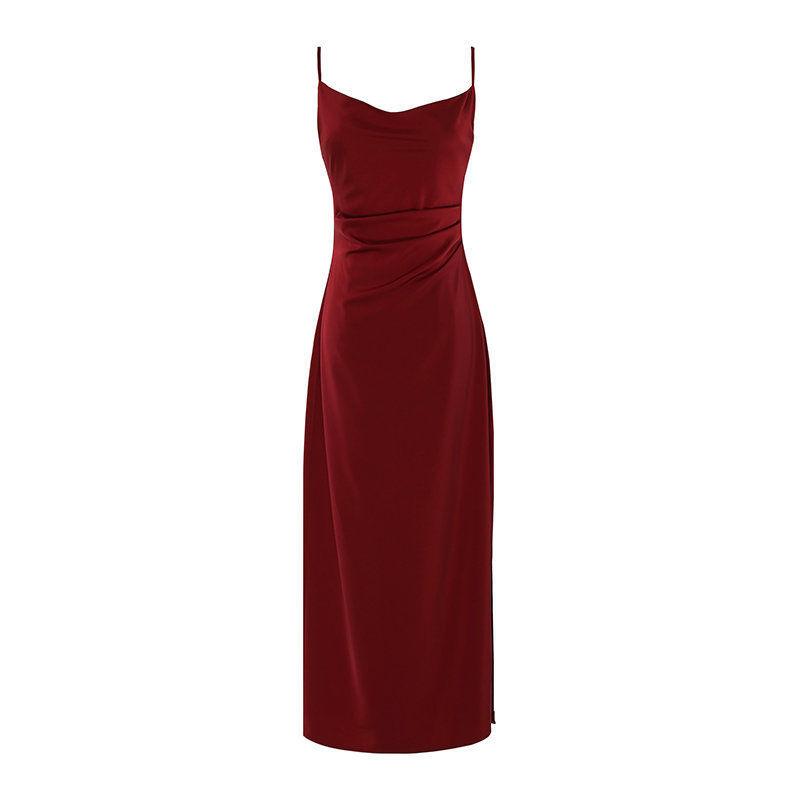 Sexy Satin Red V-neck Strap Dress Women's Dress