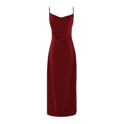 Sexy Satin Red V-neck Strap Dress Women's Dress