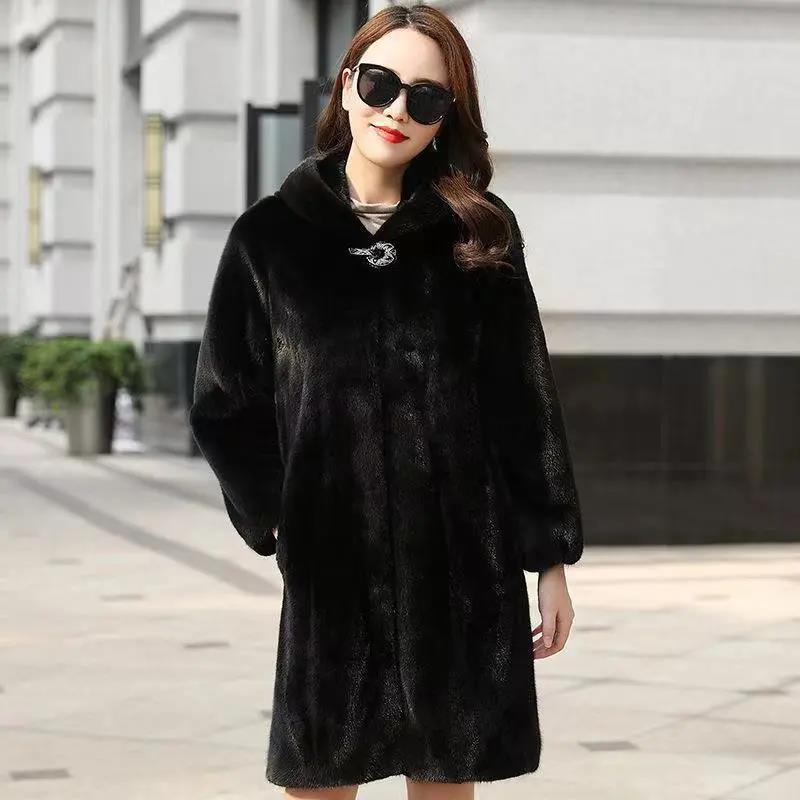 Imitation Mink Fur Coat Women's Mid-length Fur Coat Hooded Ladies Warm Loose Soft Coat Thin Cotton Jacket