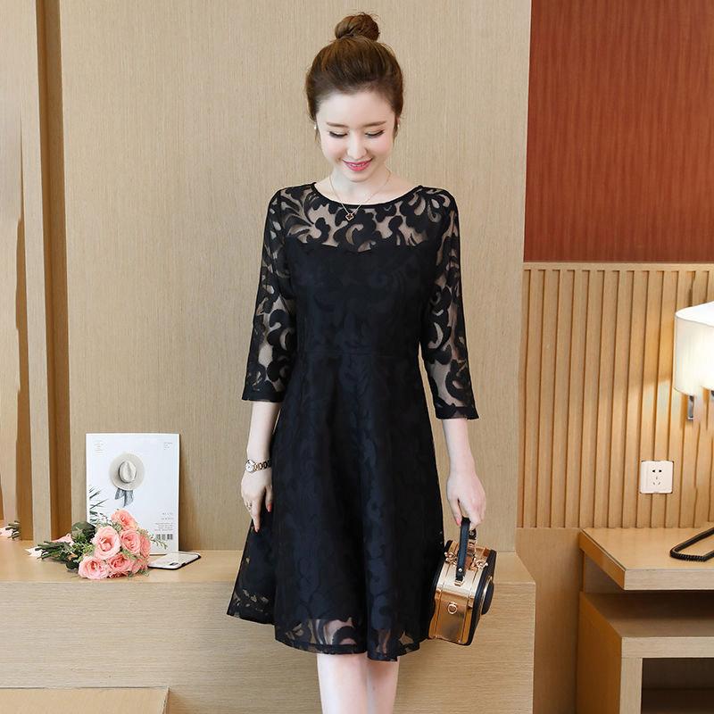 Spring Summer Temperament Fashion Women Round Neck Short Sleeve Lace Dress