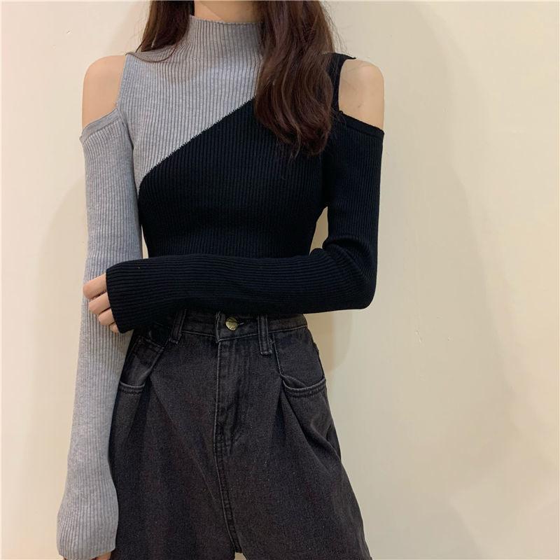 Sweater Women's Half Turtleneck Strapless Sexy Pullover Knitwear Slim Korean Patchwork Top Trendy Sweater Autumn Winter Jumper