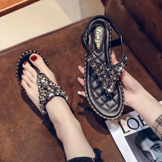 Women's Flat Flip-on Sandals Rhinestone One Word Buckle Beach Shoes Summer Non-slip Comfortable Wear-resistant Sandals