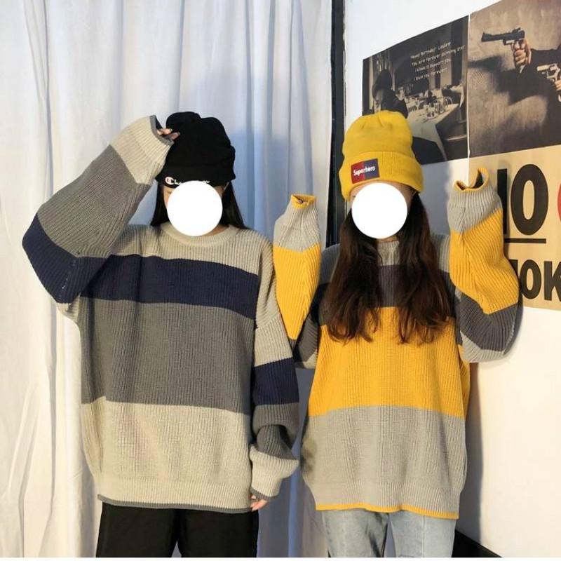Pofulove Round Neck Color Matching Sweater Schoolgirl Loose Loose Lazy Wild Sweater Winter Coat
