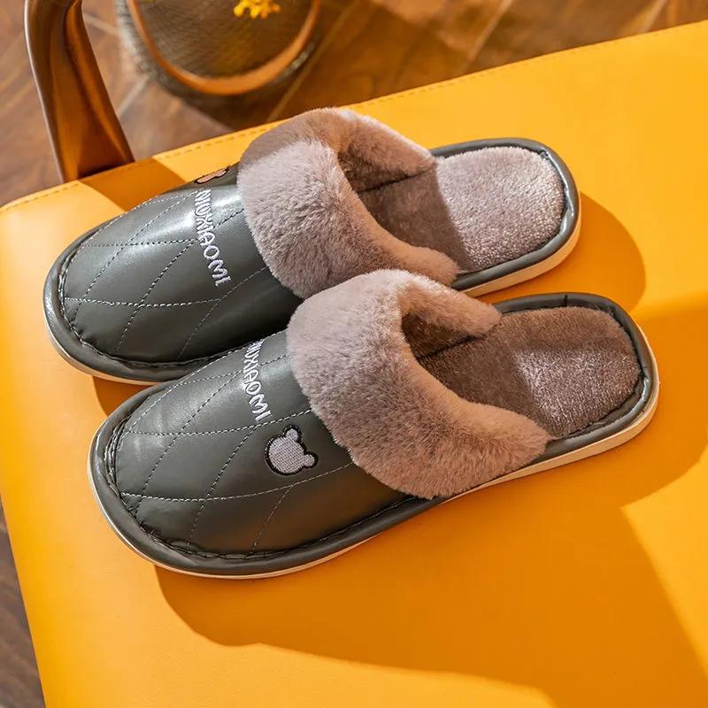Women Winter Slippers Pu Leather Fleece Thick Warm Plus Size Men Slides Home Casual Cotton Shoes Pink Slippers Women