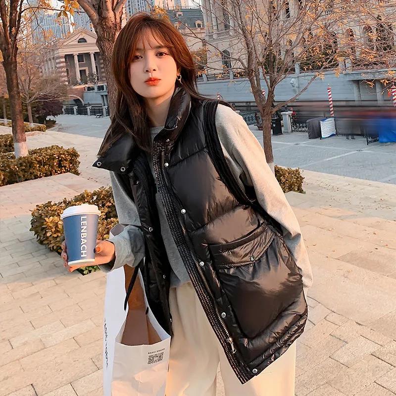 Winter Ladies Down Stand Collar Jacket Fashion Smooth Down Cotton Sleeveless Jacket Thick Warm Winter Vest