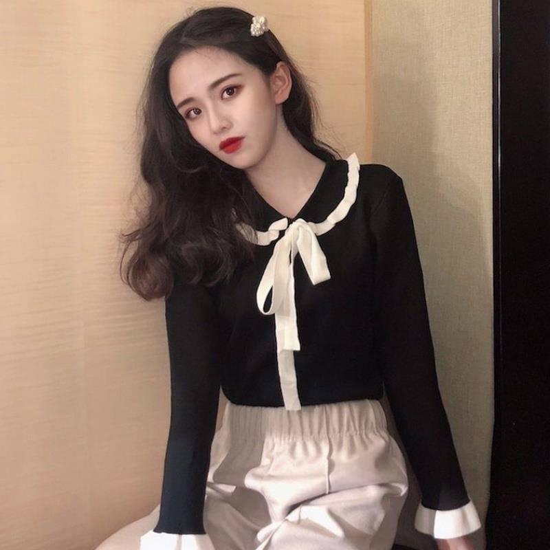 Knitwear Autumn and Winter New Female Foreign Body Slim Slimming Wooden Ear Long-sleeved Shirt