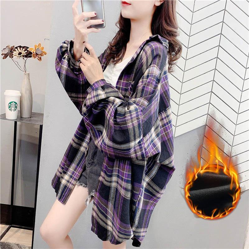 Plus Velvet/no Velvet Plaid Shirt Women's Spring and Autumn Long-sleeved Mid-length Loose Large Size