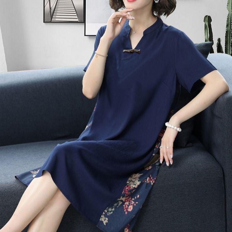 Summer Women's Dress Loose Large Size Retro Printed Skirt Simple Thin Short-sleeved V-neck Over-the-knee Skirt