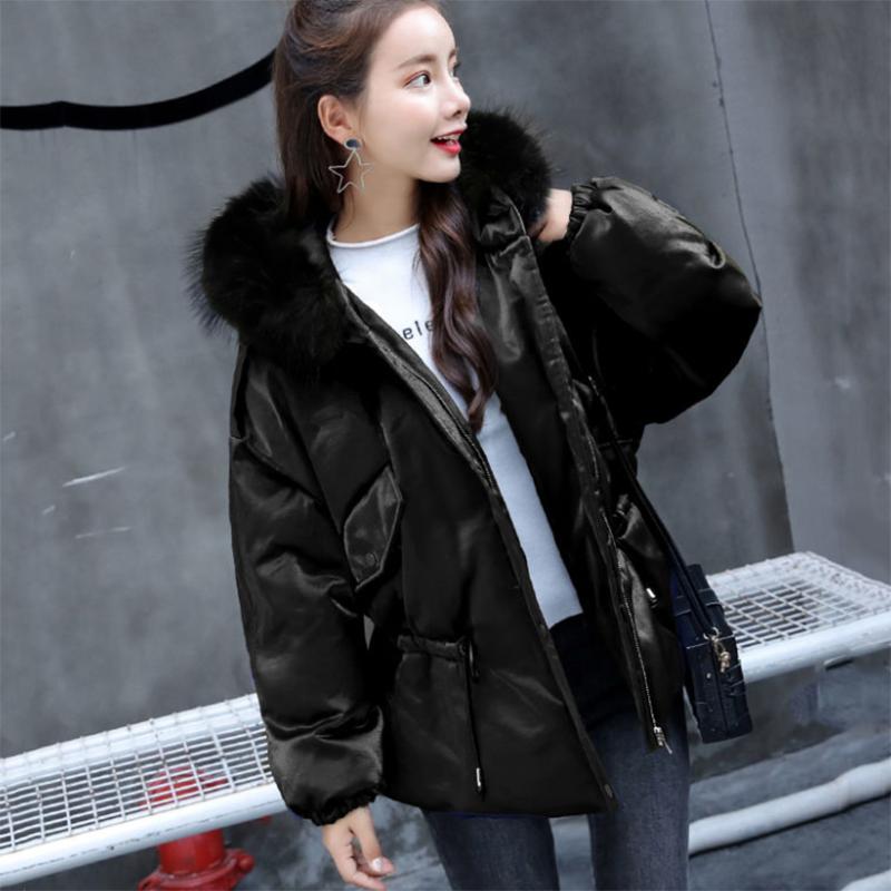Women's Solid Color Hooded Down Jacket Regular Korean Loose Thick Coat Warm Cotton Coat Large Leather Collar Winter Coat Quilted Coat