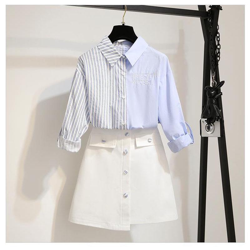 Pofulove Women Summer Shirt 2-piece Set long sleeve striped shirt Asymmetrical Skirt 2 piece Sets